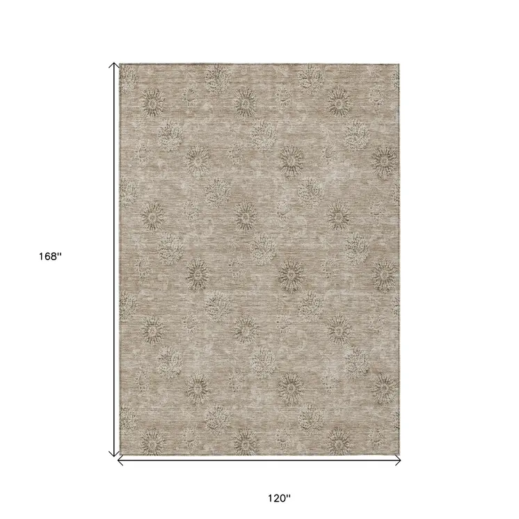 10' X 14' Khaki Beige And Tan Floral Washable Indoor Outdoor Area Rug