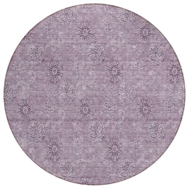 8' Plum And Purple Round Floral Washable Indoor Outdoor Area Rug