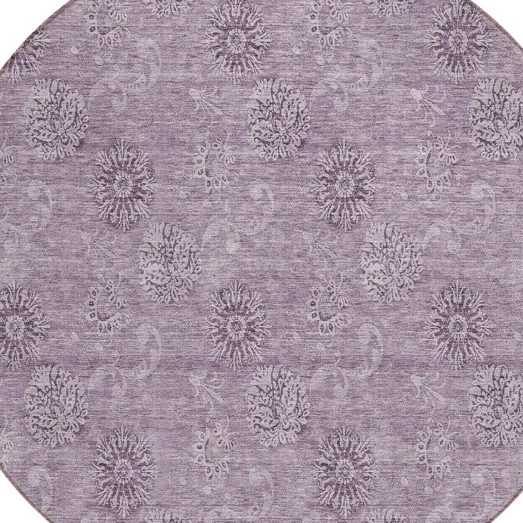 8' Plum And Purple Round Floral Washable Indoor Outdoor Area Rug