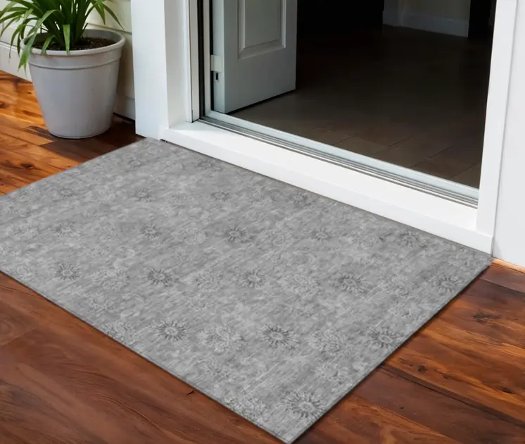 3' X 5' Pewter And Gray Floral Washable Indoor Outdoor Area Rug