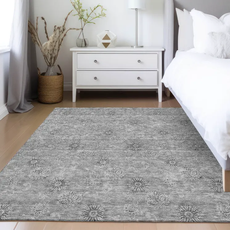 3' X 5' Pewter And Gray Floral Washable Indoor Outdoor Area Rug