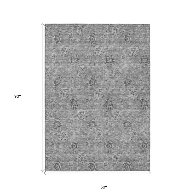 5' X 8' Pewter And Gray Floral Washable Indoor Outdoor Area Rug
