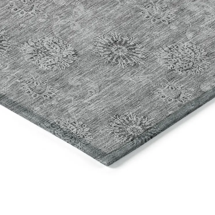 8' X 10' Pewter And Gray Floral Washable Indoor Outdoor Area Rug
