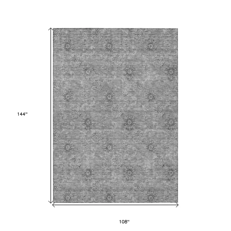 9' X 12' Pewter And Gray Floral Washable Indoor Outdoor Area Rug