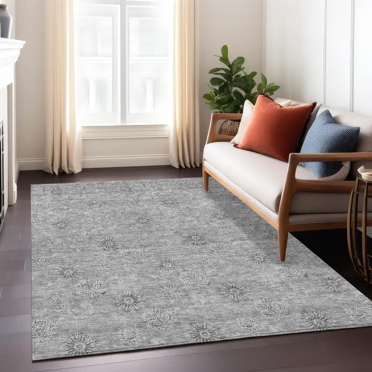 10' X 14' Pewter And Gray Floral Washable Indoor Outdoor Area Rug