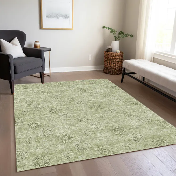 3' X 5' Sage And Artichoke Green Floral Washable Indoor Outdoor Area Rug