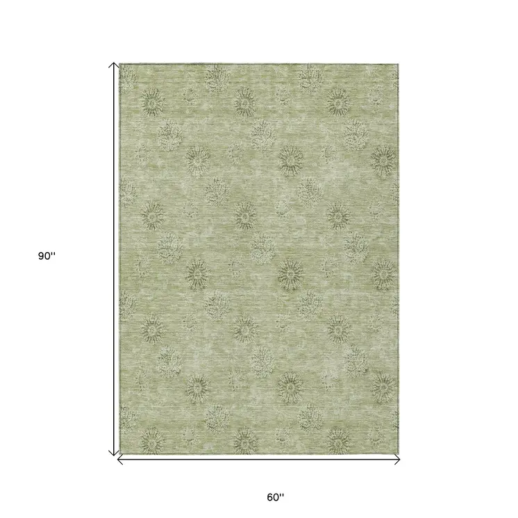 5' X 8' Sage And Artichoke Green Floral Washable Indoor Outdoor Area Rug
