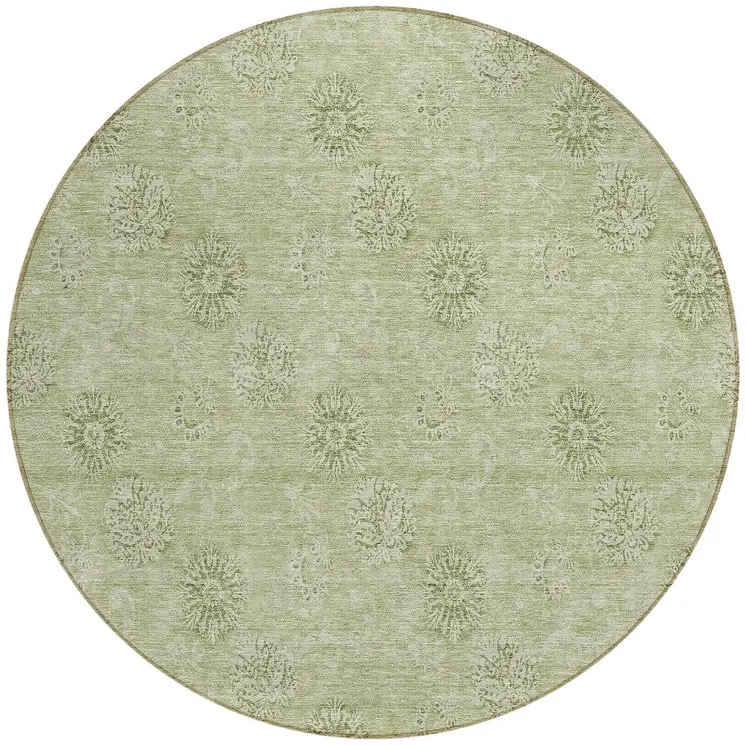 8' Sage And Artichoke Green Round Floral Washable Indoor Outdoor Area Rug