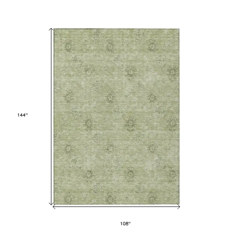 9' X 12' Sage And Artichoke Green Floral Washable Indoor Outdoor Area Rug