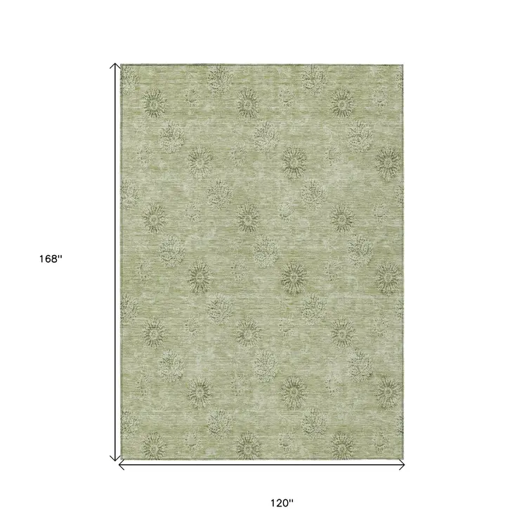 10' X 14' Sage And Artichoke Green Floral Washable Indoor Outdoor Area Rug