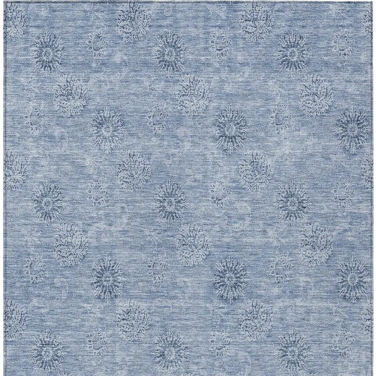 3' X 5' Sky Blue And Blue Floral Washable Indoor Outdoor Area Rug
