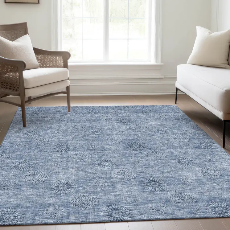 3' X 5' Sky Blue And Blue Floral Washable Indoor Outdoor Area Rug