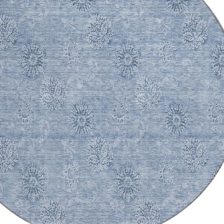 8' Sky Blue And Blue Round Floral Washable Indoor Outdoor Area Rug