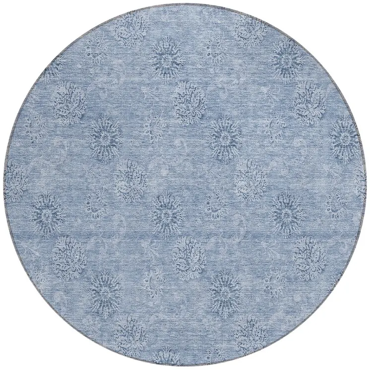 8' Sky Blue And Blue Round Floral Washable Indoor Outdoor Area Rug