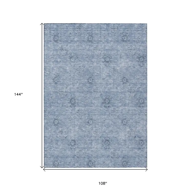 9' X 12' Sky Blue And Blue Floral Washable Indoor Outdoor Area Rug