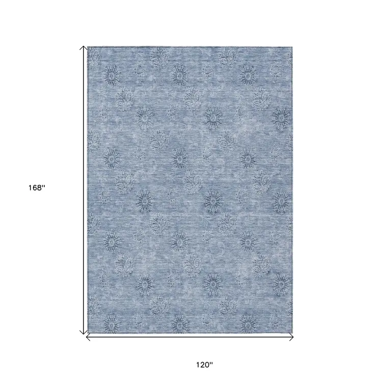 10' X 14' Sky Blue And Blue Floral Washable Indoor Outdoor Area Rug