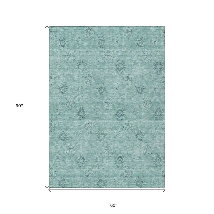 5' X 8' Teal Blue And Ivory Floral Washable Indoor Outdoor Area Rug