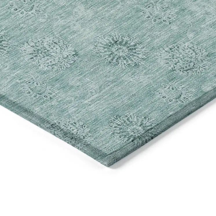 5' X 8' Teal Blue And Ivory Floral Washable Indoor Outdoor Area Rug