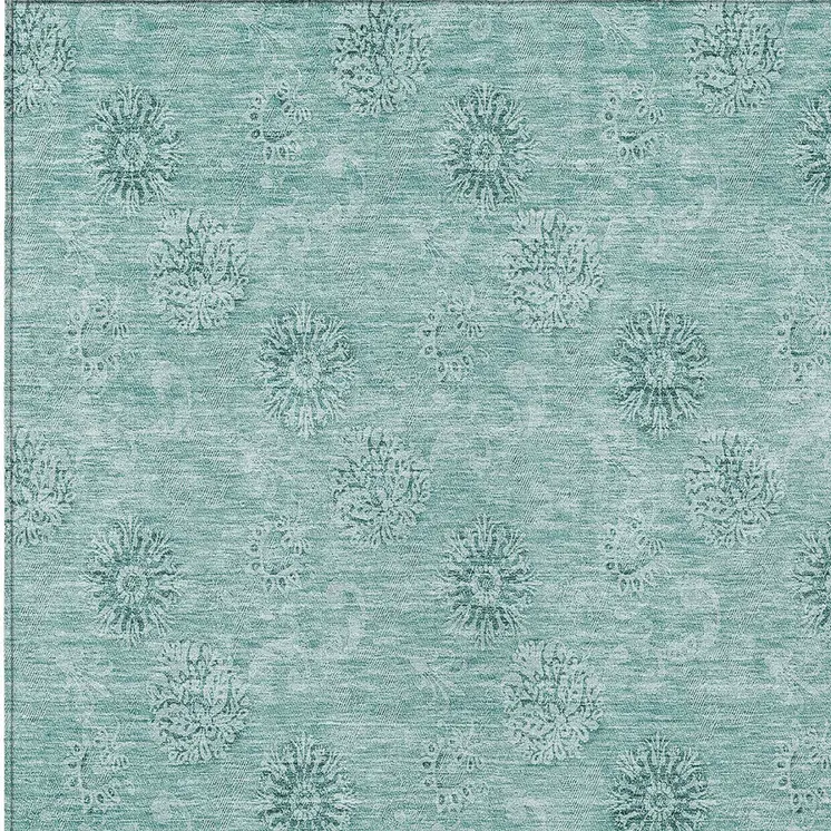 5' X 8' Teal Blue And Ivory Floral Washable Indoor Outdoor Area Rug