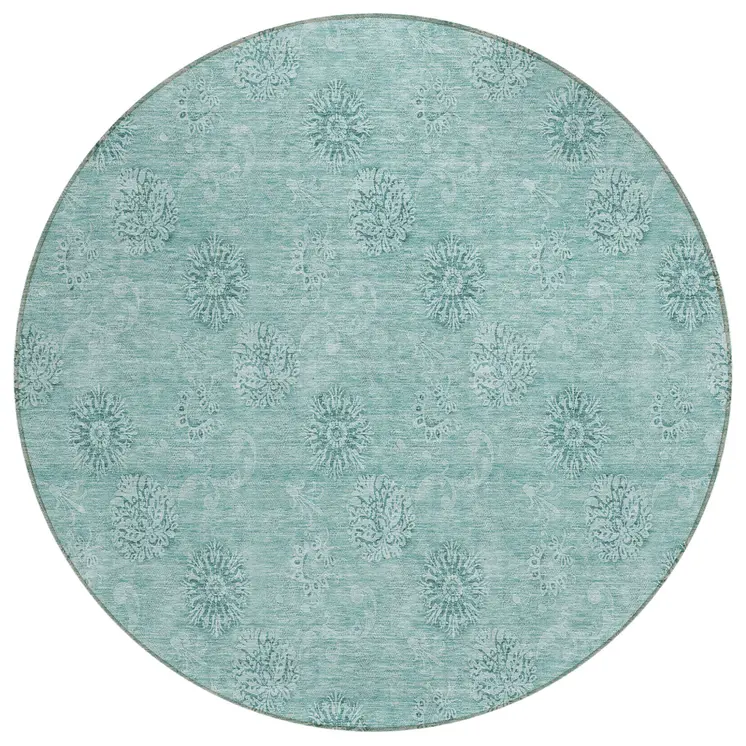 8' Teal Blue And Ivory Round Floral Washable Indoor Outdoor Area Rug