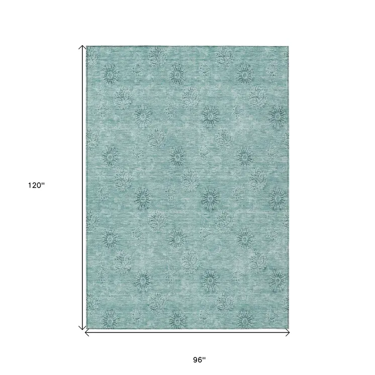 8' X 10' Teal Blue And Ivory Floral Washable Indoor Outdoor Area Rug