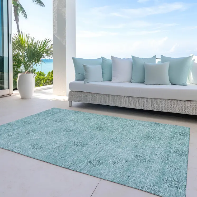 8' X 10' Teal Blue And Ivory Floral Washable Indoor Outdoor Area Rug