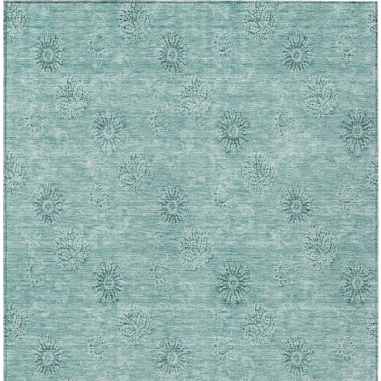 8' X 10' Teal Blue And Ivory Floral Washable Indoor Outdoor Area Rug