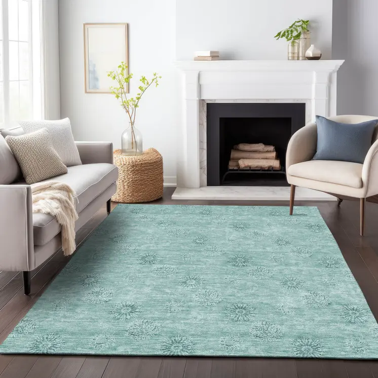 8' X 10' Teal Blue And Ivory Floral Washable Indoor Outdoor Area Rug