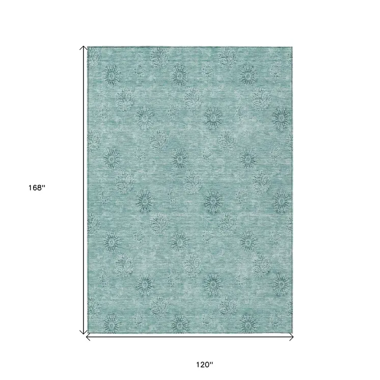 10' X 14' Teal Blue And Ivory Floral Washable Indoor Outdoor Area Rug