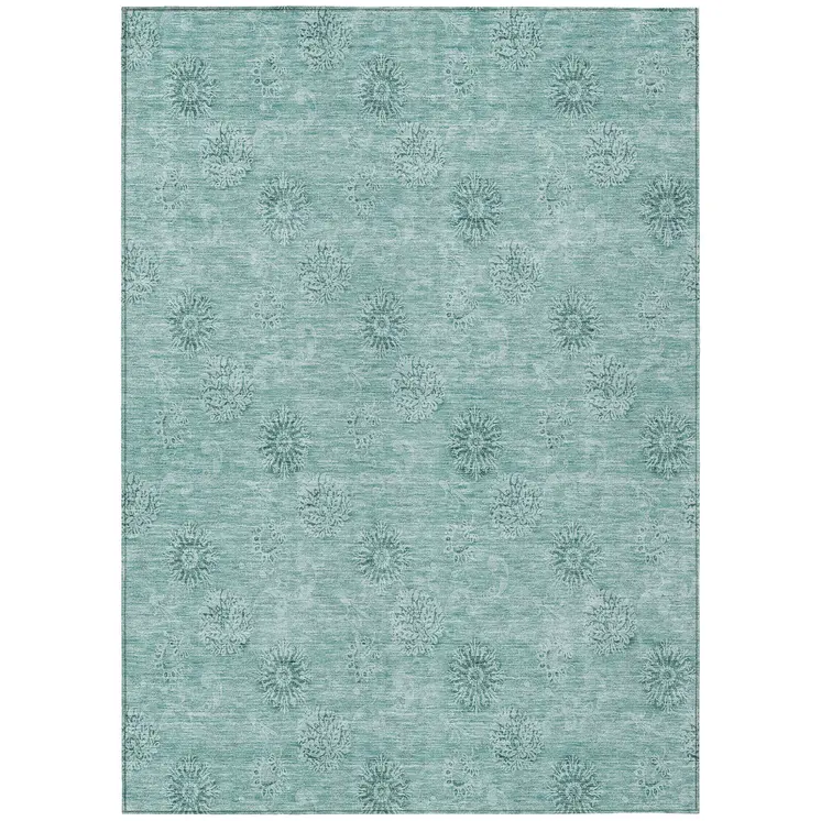 10' X 14' Teal Blue And Ivory Floral Washable Indoor Outdoor Area Rug