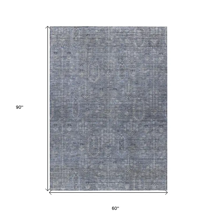 5' X 8' Navy Blue And Gray Southwestern Washable Indoor Outdoor Area Rug