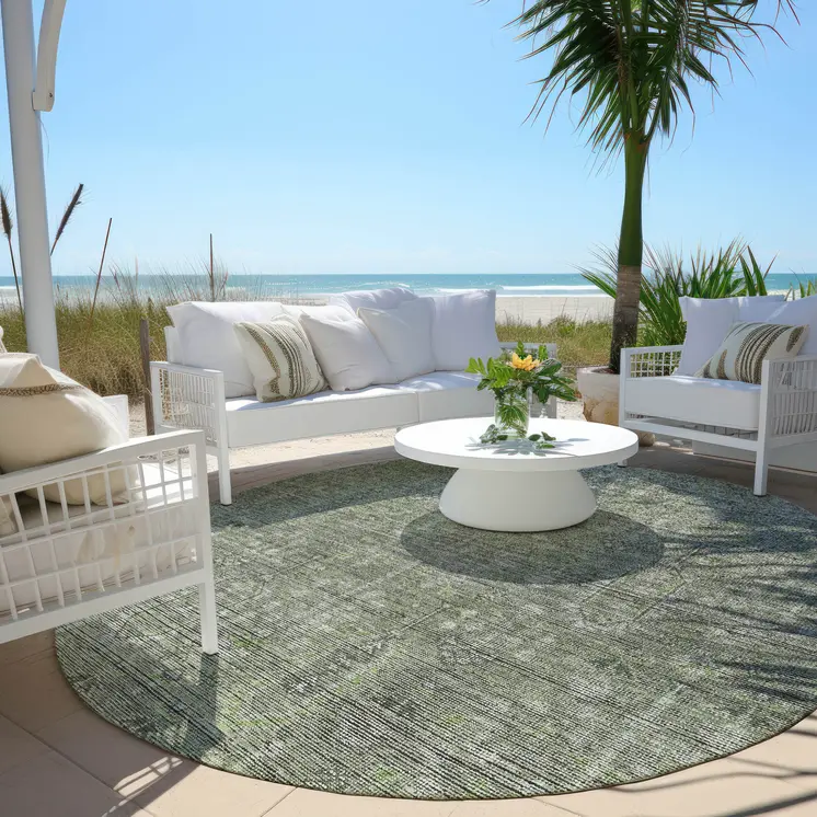 8' Fern Green And Gray Round Southwestern Washable Indoor Outdoor Area Rug
