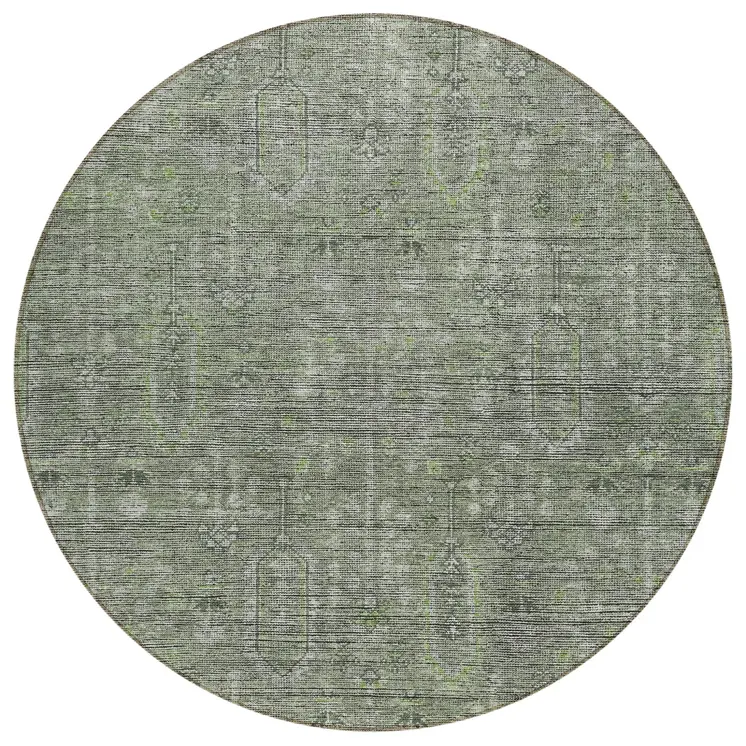 8' Fern Green And Gray Round Southwestern Washable Indoor Outdoor Area Rug