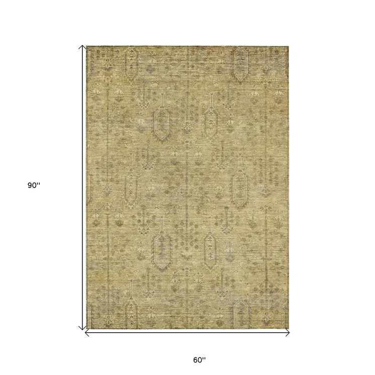 5' X 8' Gold And Taupe Southwestern Washable Indoor Outdoor Area Rug