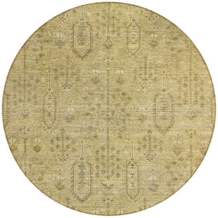 8' Gold And Taupe Round Southwestern Washable Indoor Outdoor Area Rug