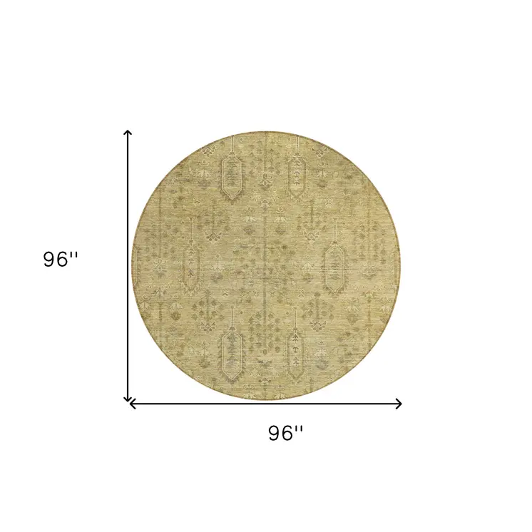 8' Gold And Taupe Round Southwestern Washable Indoor Outdoor Area Rug