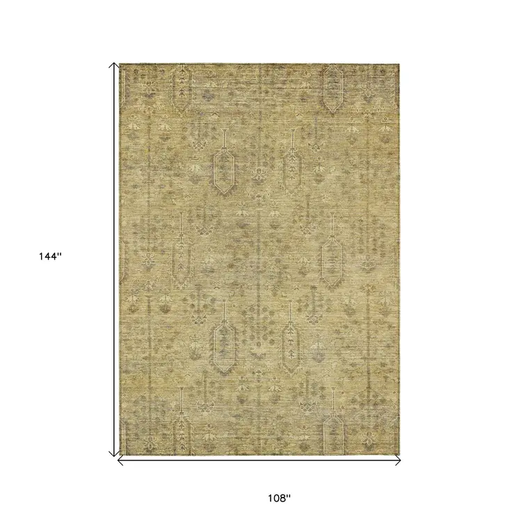 9' X 12' Gold And Taupe Southwestern Washable Indoor Outdoor Area Rug