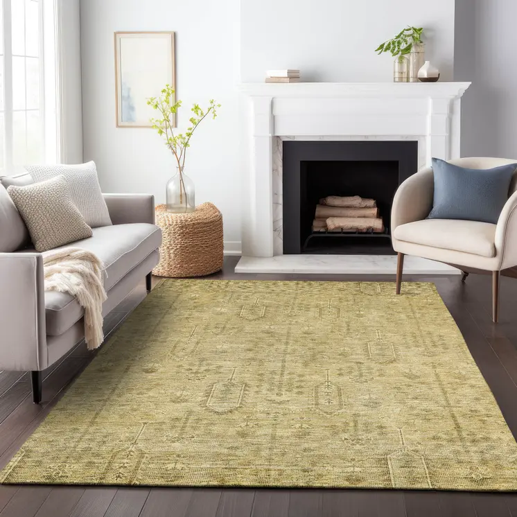 9' X 12' Gold And Taupe Southwestern Washable Indoor Outdoor Area Rug