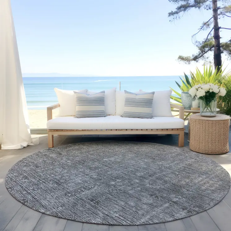 8' Gray And Charcoal Round Southwestern Washable Indoor Outdoor Area Rug