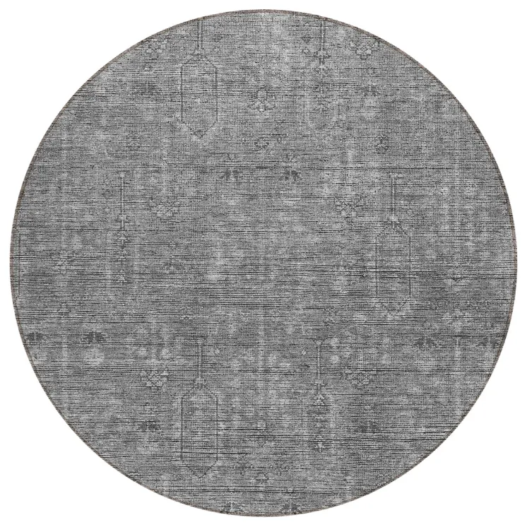 8' Gray And Charcoal Round Southwestern Washable Indoor Outdoor Area Rug