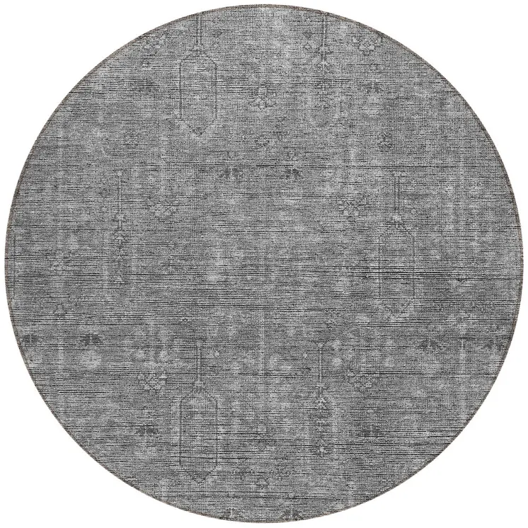 8' Gray And Charcoal Round Southwestern Washable Indoor Outdoor Area Rug