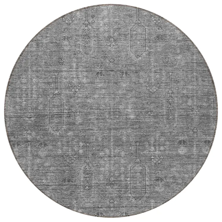 8' Gray And Charcoal Round Southwestern Washable Indoor Outdoor Area Rug