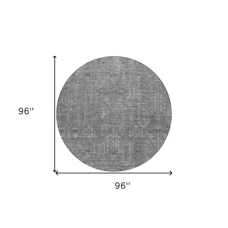 8' Gray And Charcoal Round Southwestern Washable Indoor Outdoor Area Rug