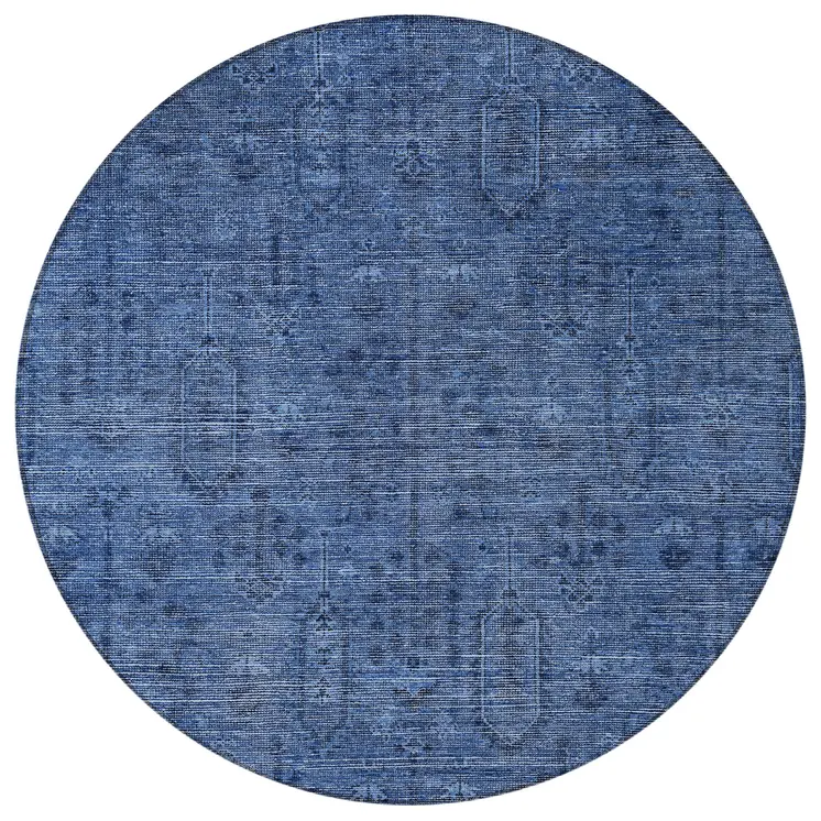 8' Navy Blue And Blue Round Southwestern Washable Indoor Outdoor Area Rug