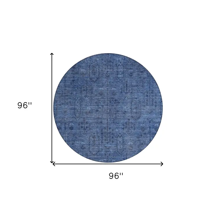 8' Navy Blue And Blue Round Southwestern Washable Indoor Outdoor Area Rug