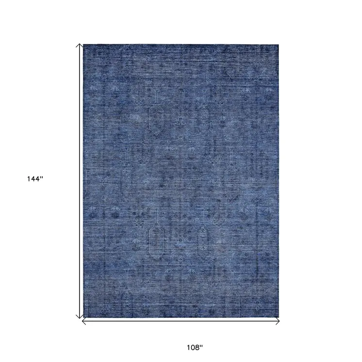 9' X 12' Navy Blue And Blue Southwestern Washable Indoor Outdoor Area Rug
