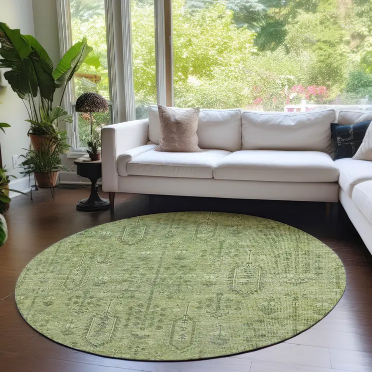 8' Sage And Artichoke Green Round Southwestern Washable Indoor Outdoor Area Rug