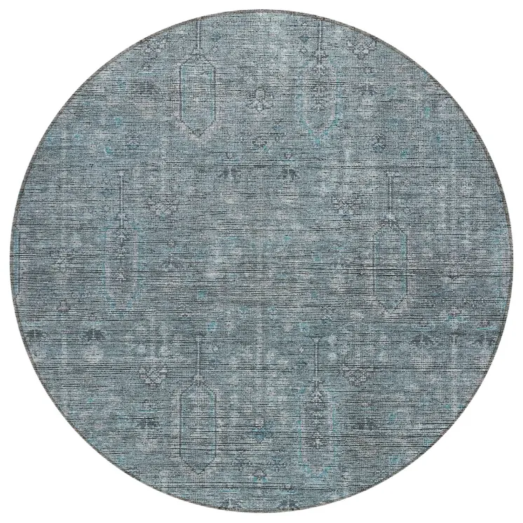 8' Teal Blue And Gray Round Southwestern Washable Indoor Outdoor Area Rug