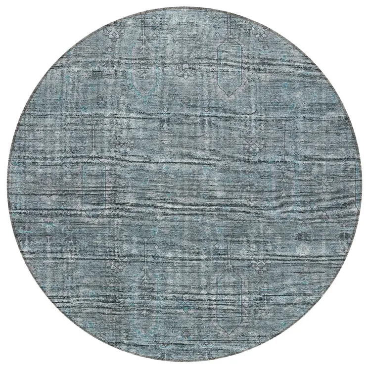 8' Teal Blue And Gray Round Southwestern Washable Indoor Outdoor Area Rug