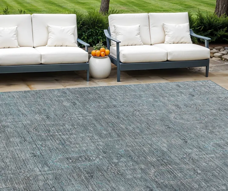 10' X 14' Teal Blue And Gray Southwestern Washable Indoor Outdoor Area Rug